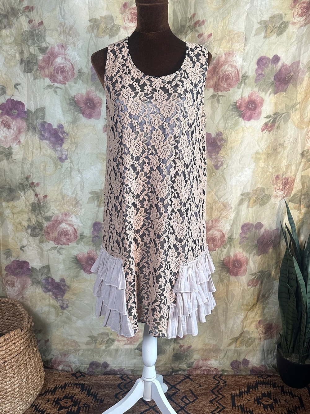 Sleeveless Blush Lace Midi Dress with Tiered Ruffle Hem